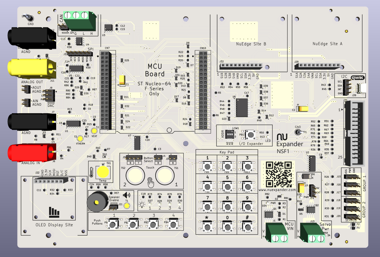 3D render of the NuExpander board with headers and labeled connector areas